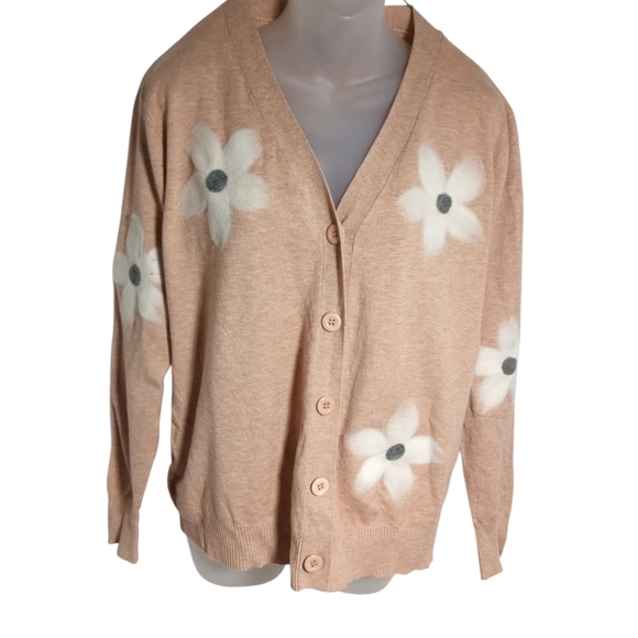 Aaeda Tan Floral Button-Front Cardigan Sweater | Cozy Soft Knit Layering Piece L - Picture 2 of 5